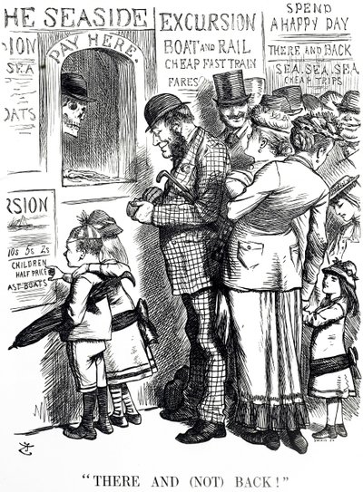 Sarjakuva, joka kommentoi onnettomuuksien tiheyttä ylikuormitetuissa retkijunissa tekijältä John Tenniel