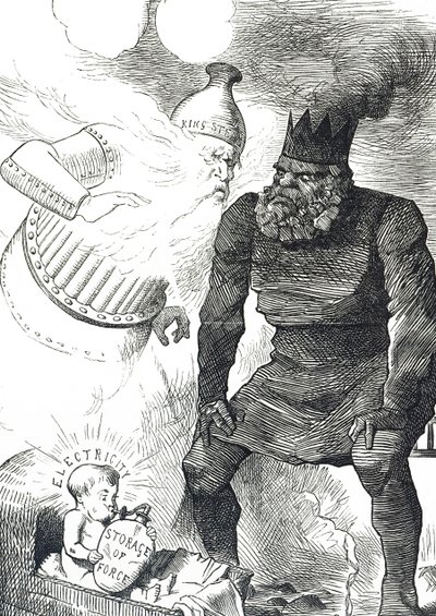 Sarjakuva, joka kommentoi sähkön lapsenkengistä tekijältä John Tenniel