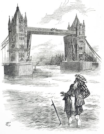 Sarjakuva, joka esittää isä Thamesia ihailemassa Tower Bridgeä Lontoossa tekijältä John Tenniel