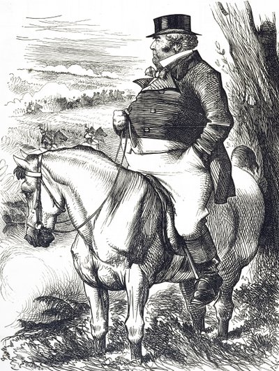 Sarjakuva, joka kuvaa John Bullia katsomassa syksyn liikkeitä tekijältä John Tenniel