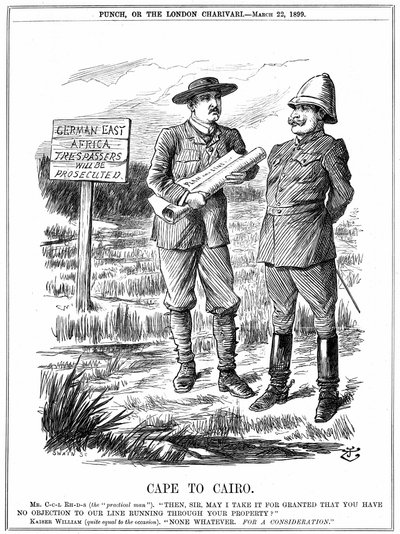 Cecil John Rhodes (1852-1902) englantilaissyntyinen Etelä-Afrikan valtiomies, joka pyytää Saksan keisarilta lupaa lennätinlinjan käyttämiseen saksalaisen Itä-Afrikan läpi. Cape To Cairo, John Tennielin sarjakuva Punchista, Lontoo, 22. maaliskuuta 1899. Kai tekijältä John Tenniel
