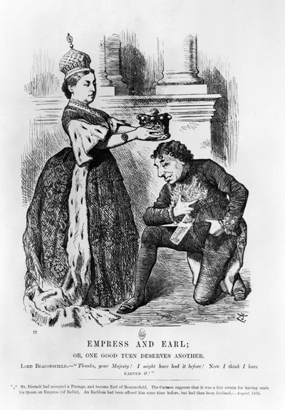 Keisarinna ja Earl tai Yksi hyvä käänne ansaitsee toisen, teoksesta "Punch or the London Charivari", elokuu 1876 (kaiverrus) (m/w kuva) tekijältä John Tenniel