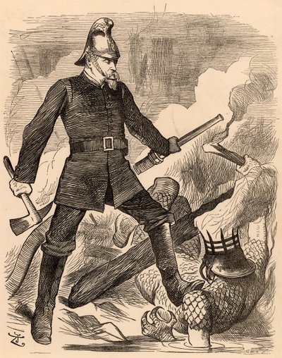 Eyre Massey Shaw taistelee tulta, "Punch" Lontoosta, 20. elokuuta 1887 (kaiverrus) tekijältä John Tenniel