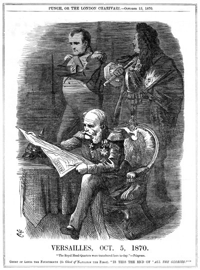 Ranskan ja Preussin sota 1870-1871: Ludvig XIV:n ja Napoleon I:n sävyt valittavat Ranskan loiston haalistumista. 5. lokakuuta 1870 Wilhlem I, Preussin kuningas teki Versaillesista päämajansa, ja 18. tammikuuta hänet julistettiin Saksan keisariksi Peilisali tekijältä John Tenniel