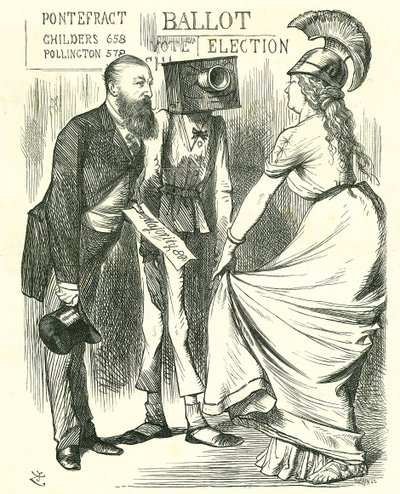 Hugh Childers (1827-1896) Ison-Britannian parlamentaarikko, joka kertoi Britannialle uuden äänestyslaatikon menestyksestä. John Tenniel sarjakuva Punchista Lontoossa 24. elokuuta 1872. tekijältä John Tenniel