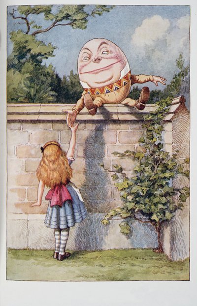 Humpty Dumpty, Lewis Carrollin (1832 - 98) teoksesta Alices Adventures In Wonderland And Through The Looking-Glass And What Alice Found There (Alicen seikkailut ihmemaassa ja peilin läpi ja mitä Liisa löysi sieltä), julkaistu 1911 (värillinen litografia). tekijältä John Tenniel