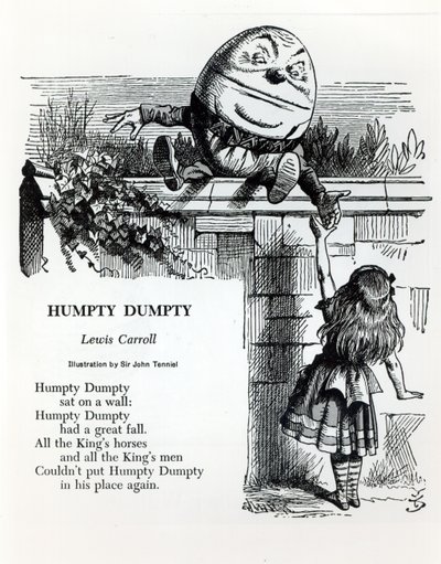 Humpty Dumpty, kuvitus Lewis Carrollin (1832-98) lastenloruun tekijältä John Tenniel
