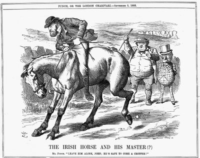 Herra Punch käskee John Bullia jättämään huomiotta irlantilaisen poliitikon Charles Stewart Parnellin (1846-1891), koska hän tulee varmasti irlantilaisella hevosella ratsastamassa. John Tenniel sarjakuva Punch Londonista 5. syyskuuta 1885. Kaiverrus tekijältä John Tenniel