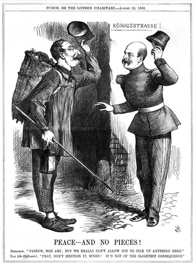 Napoleon III, Ranskan keisari 1852-1870, pukeutunut räsynpoimijaksi (Chiffonnier), varoitti Otto von Bismarck, Preussin liittokansleri. Napoleonin alueelliset tavoitteet johtivat Ranskan ja Preussin väliseen sotaan 1870-71. John Tenniel -sarjakuva Punchist tekijältä John Tenniel