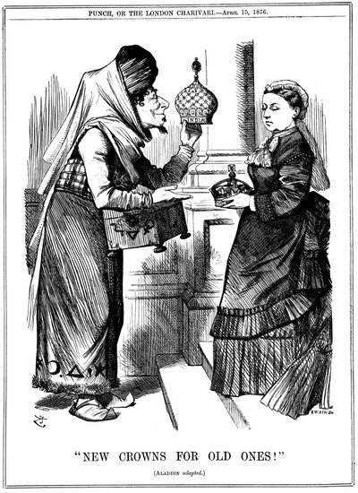Uusia kruunuja vanhoille!, Benjamin Disraeli tarjoamassa Intian kruunua kuningatar Victorialle, 1876 tekijältä John Tenniel