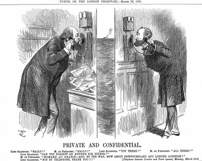 Englantilais-ranskalaisen puhelinlinjan avaaminen. Britannian pääministeri (lordi Salisbury) keskustelee Ranskan presidentin (Sadi Carnot) kanssa. John Tenniel sarjakuva Punchista, Lontoosta 28. maaliskuuta 1891. Puukaiverrus. tekijältä John Tenniel
