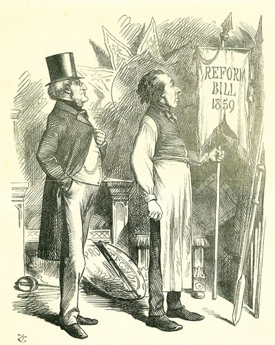 Poliittinen talous: parlamentin uudistus - franchising-sopimuksen laajentaminen. Disraeli (kansleri) ja Derby (pääministeri) pyyhkäisevät pölyä uudistuslakia. Vuonna 1867 Disraeli esitteli uuden lain. John Tenniel sarjakuva Punchista, Lontoosta tekijältä John Tenniel