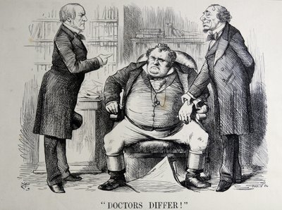 Poliittinen satiiri, jossa esitetään William Ewart Gladstone, Benjamin Disraeli ja John Bull tekijältä John Tenniel