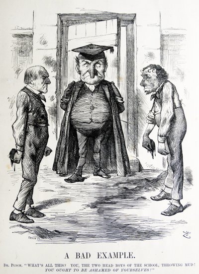 Poliittinen satiiri, jossa esitetään William Ewart Gladstone ja Benjamin Disraeli tekijältä John Tenniel