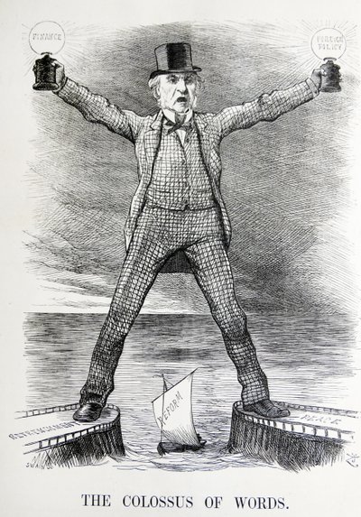 Poliittinen satiiri, jossa esitetään William Ewart Gladstone ja Benjamin Disraeli tekijältä John Tenniel