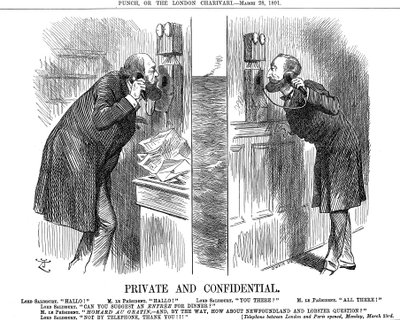 Yksityinen ja luottamuksellinen, englantilais-ranskalaisen puhelinlinjan avaaminen, 1891 tekijältä John Tenniel