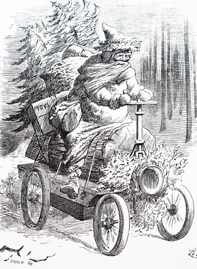 Joulupukki kilpailee lumen läpi. John Tenniel (1820-1914), englantilainen kuvittaja, graafinen humoristi ja poliittinen sarjakuvapiirtäjä tekijältä John Tenniel