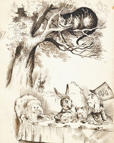 Kohtaus Hullun Hatuntekijän teekutsuista, n. 1865 tekijältä John Tenniel