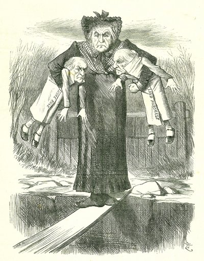 Aseta kaksi ja kanna yksi.?: Gladstone, Britannian pääministeri, on kiistanalainen siitä, mitkä Irlannin kiistanalaisista laskuista hylätään. John Tenniel -sarjakuva Punchista, Lontoosta, 3. huhtikuuta 1886. tekijältä John Tenniel