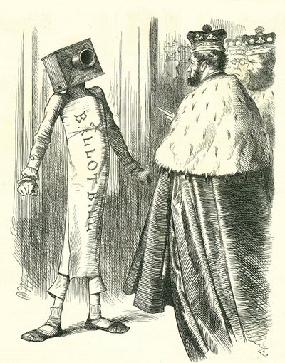 Ballot Bill seisoo ylähuonetta vastaan. John Tenniel sarjakuva Punchista, Lontoosta 20. heinäkuuta 1872. tekijältä John Tenniel