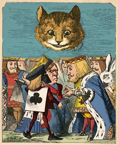 Cheshiren kissa katsomassa punaista kuningasta ja kuningatarta riitelemässä, 1889 tekijältä John Tenniel