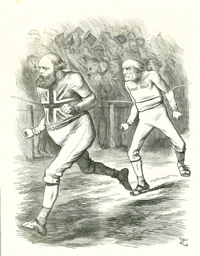 Finish: Yleiset vaalit 1886. Gladstone (liberaali) meni maahan Irlannin kotisääntölakinsa vuoksi. Salisbury (konservatiivinen oppositio) voittaa Gladstonen maaliin asti. John Tenniel sarjakuva Punchista, Lontoosta tekijältä John Tenniel