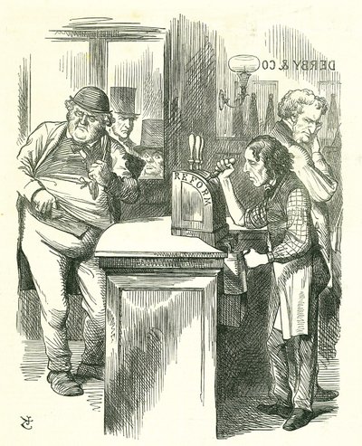 The Honest Pot Boy: Parlamentin uudistus - franchising-sopimuksen laajentaminen. Disraeli tarjoilee uudistusta John Bullille hänen parlamentaarisen oppositionsa seuraten. Hän esitteli ja kantoi uudistuslakinsa. Tenniel-sarjakuva Punchista, Lontoosta tekijältä John Tenniel