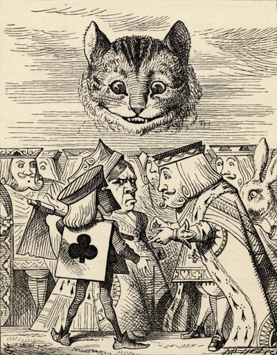 The King of Hearts riitelemässä teloittajan kanssa, Lewis Carrollin teoksesta "Liisan seikkailut ihmemaassa", julkaistu 1891 (litho) tekijältä John Tenniel