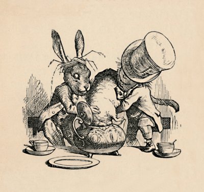 Hullu hatuntekijä ja maaliskuun jänis yrittävät laittaa Dormousea teekannuun, 1889 tekijältä John Tenniel