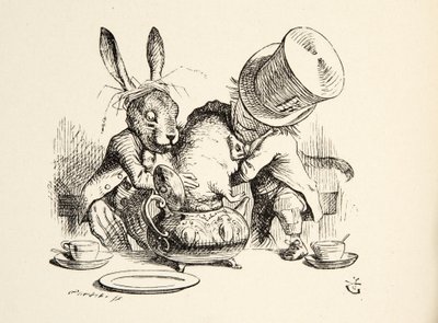 Hullu hatuntekijä ja maaliskuun jänis laittavat makuuhiiren teekannuun, Lewis Carrollin (1832 - 98) pubista Lilics Adventures in Wonderland. 1891 tekijältä John Tenniel