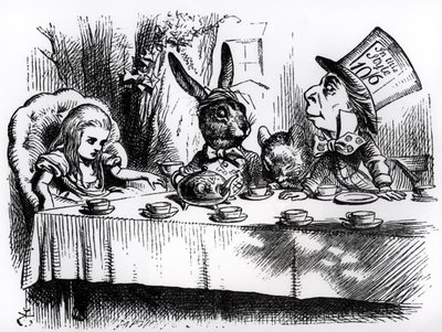 Hullun Hatuntekijän teekutsut, kuvitus Lewis Carrollin teoksesta "Liisan seikkailut ihmemaassa" tekijältä John Tenniel