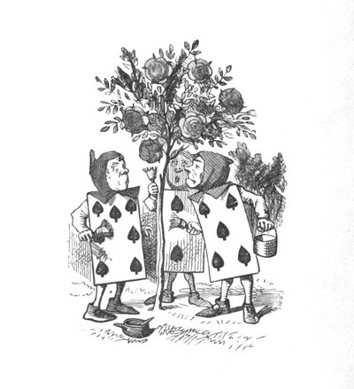 Pelikortit maalaamassa ruusupensaita, 1889 tekijältä John Tenniel