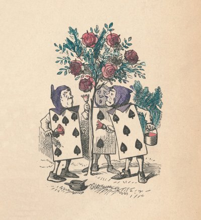 Pelikortit maalaamassa ruusupensaita, 1889 tekijältä John Tenniel