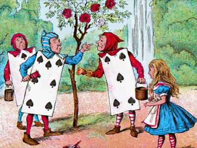 Pelikortit, jotka maalasivat ruusupensaita, vuodelta 1910 tekijältä John Tenniel
