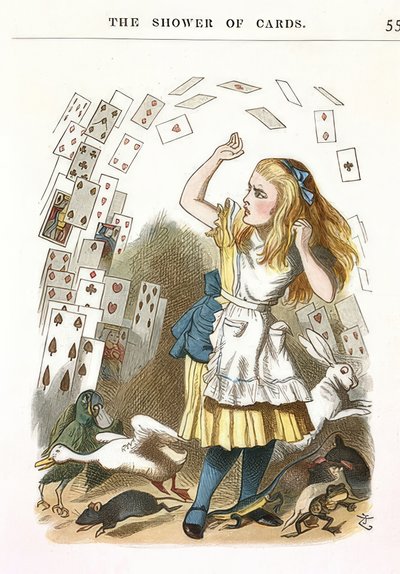 Korttisuihku. Lewis Carrollin kuvitus Liisa ihmemaassa. 1890 tekijältä John Tenniel