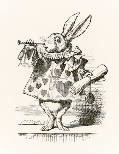 Valkoinen kani trumpetilla ja rullalla, joka julistaa syytöstä, Lewis Carrollin vuonna 1865 julkaistusta "Liisa ihmemaassa" tekijältä John Tenniel