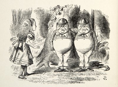 Tweedledum ja Tweedledee, kuvitus teoksesta Through the Looking Glass, Lewis Carroll (1832 - 98), 1872 tekijältä John Tenniel