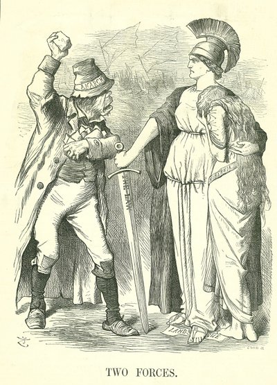 Two Forces: Irish Land League kiellettiin. Britannia suojelee Hiberniaa (Irlanti) lainvoimalla anarkiaa vastaan. John Tenniel -sarjakuva Punchista, Lontoosta, 29. lokakuuta 1881. tekijältä John Tenniel