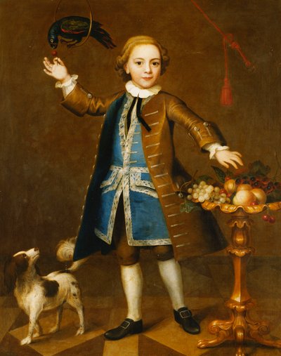 Pojan muotokuva, täyspitkä, ruskea takki, sininen liivi hopeapunoksella, pitelee papukaijaa kirsikkaa, spanieli kyljellään, hedelmiä telineessä, 1741 tekijältä John Theodore Heins