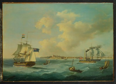 44-aseinen fregatti, matkustajamela-höyrylaiva ja muut kuljetukset St. Peter Portista, Guernseysta, 1825 tekijältä John Thomas Serres