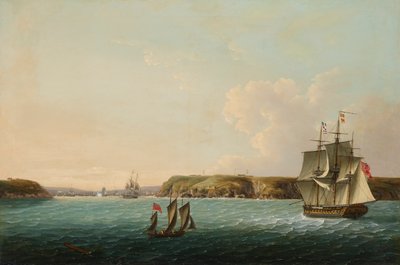 Brestin rannikko ja sisäänkäynti, HMS Boadicea antaa toistavalle fregatille merkin satamassa ankkurissa olevien ranskalaisten ja espanjalaisten alusten määrästä. tekijältä John Thomas Serres