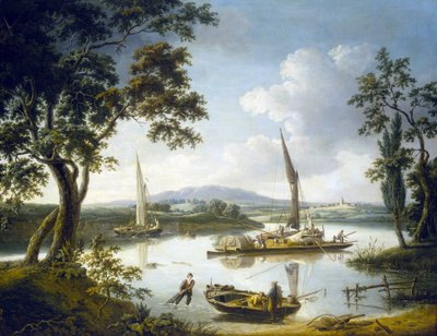 Näkymä Thames-joelle Shillingfordissa (Englanti), horisontissa Dorchester Abbey. Öljy kankaalle tekijältä John Thomas Serres