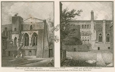Westminsterin palatsin Painted Chamberin itäpää (vasen) ja pohjoispuoli (oikea). tekijältä John Thomas Smith