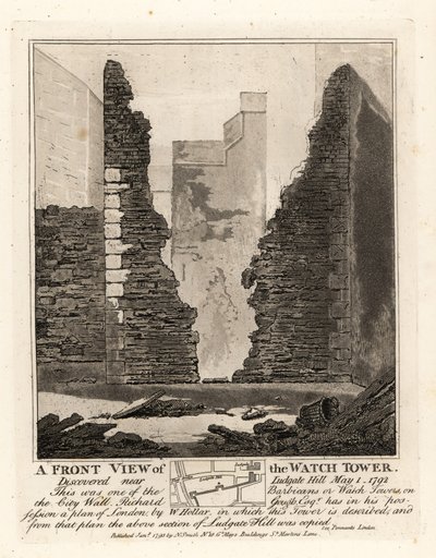 Näkymä Vartiotornista tai Barbicanista kaupunginmuurissa, löydetty lähellä Ludgate Hilliä, 1. toukokuuta 1792 tekijältä John Thomas Smith