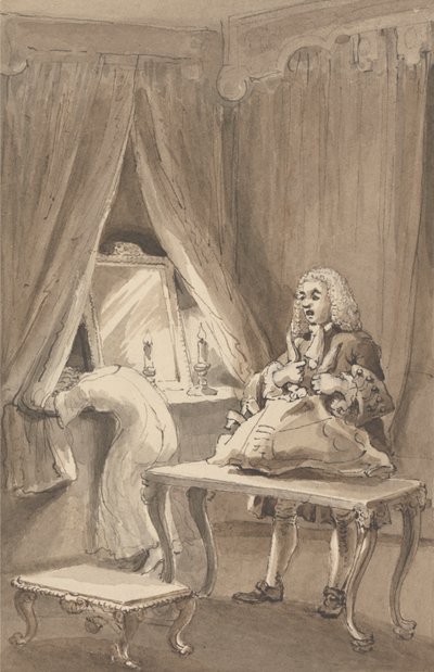 Hogarth sen jälkeen kun hänen vaimonsa oli pukenut ylleen uuden yöpaidan, sitoo Sir James Thornhillille lähetettävät tavaransa kirjeellä, jossa hän kertoi hänelle: "Hän vei tyttärensä ilman housuja hänen luokseen - e tekijältä John Thomas Smith