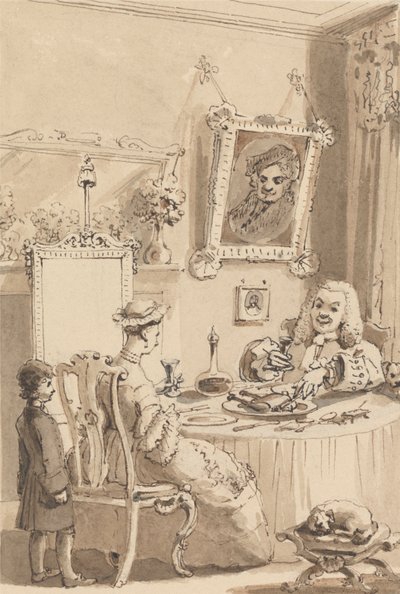 Hogarth joi ensimmäisen lasillisen viiniä vaimonsa kanssa - heidän koiransa pitävät kunnioittavaa etäisyyttä tekijältä John Thomas Smith