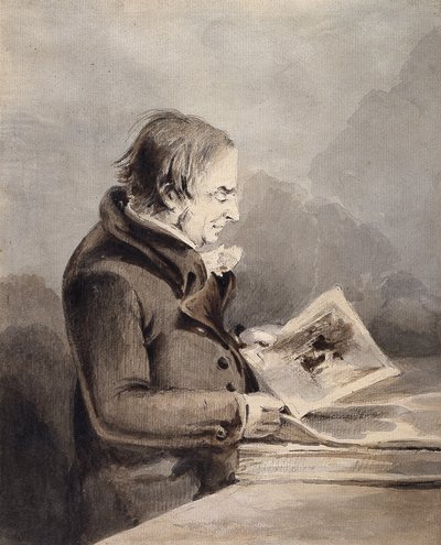 J.M.W. Turner In The British Museum (ruskea ja harmaa muste pestään kynällä valkoisella paperilla) tekijältä John Thomas Smith