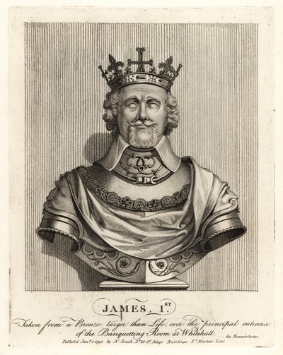Englannin kuningas James I otettu pronssisesta rintakuvasta Whitehallin juhlasalin sisäänkäynnin yläpuolella tekijältä John Thomas Smith