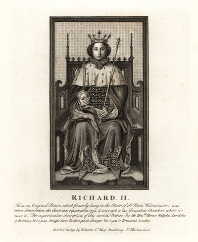 Englannin kuningas Richard II, alkuperäisestä kuvasta, joka roikkui Pyhän Pietarin Westminsterin kuorossa tekijältä John Thomas Smith