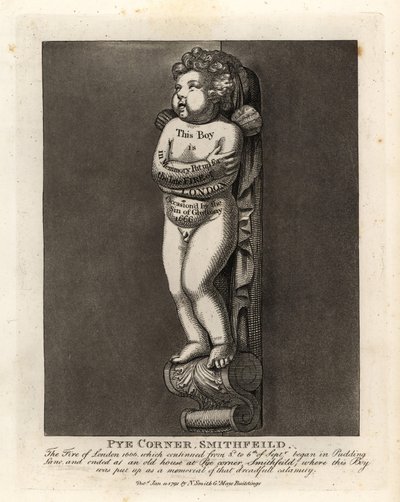 Pojan muistomerkki Pye Cornerilla, Smithfieldissä, Lontoon vuoden 1666 tulipalon merkeissä läheisellä Pudding Lane -kadulla tekijältä John Thomas Smith